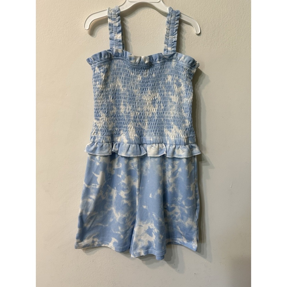 BCBG Girls Tie Dye Romper Size M 10/12 Blue White Smocked Ruffle Summer Jumpsuit